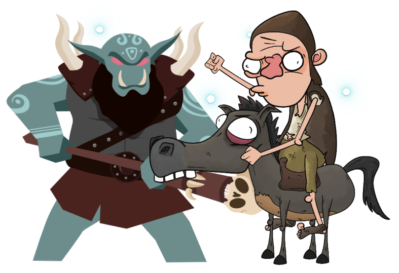A stylized cartoony peasant with derp eyes and a hobgoblin in a flat design style, armored and ready for battle.