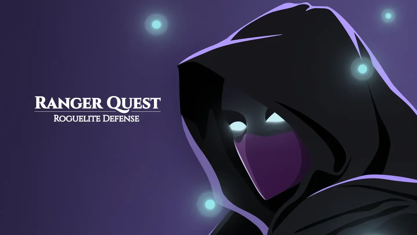 A cover art image of Ranger Quest, a hooded ranger with glowy eyes against a purple and blue gradient background with shimmering glowing particles