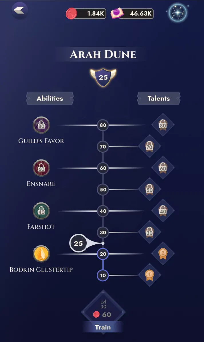 A screenshot of Ranger Quest's abilities and talents screen.