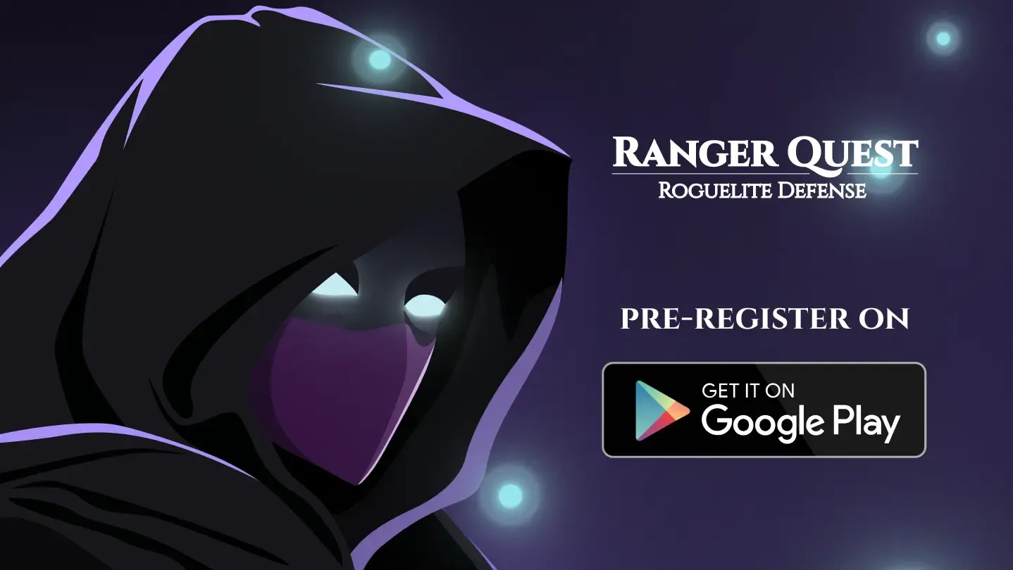 A cover art image of Ranger Quest, a hooded ranger with glowy eyes against a purple and blue gradient background with shimmering glowing particles