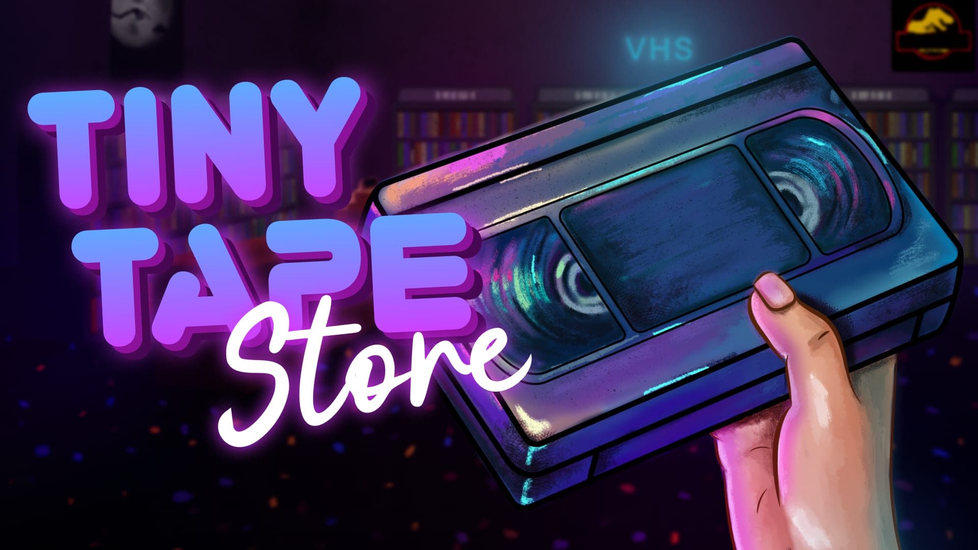 Tiny Tape Store key art, a pink-and-purple VHS rental shop on a desktop, with a cat, a customer, and the game logo.