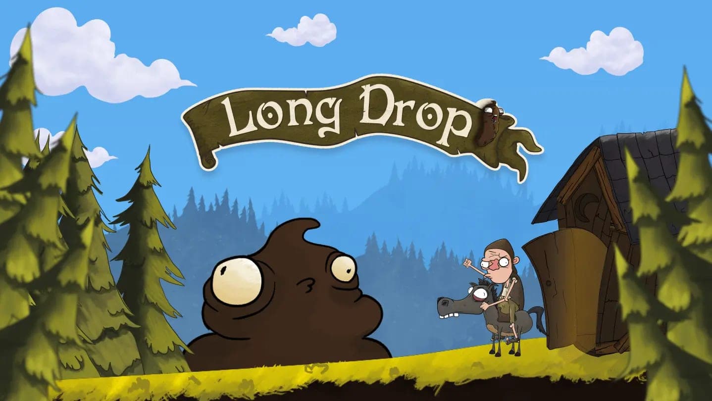 A stylized drawing of a giant poop and an outhouse in the distance.