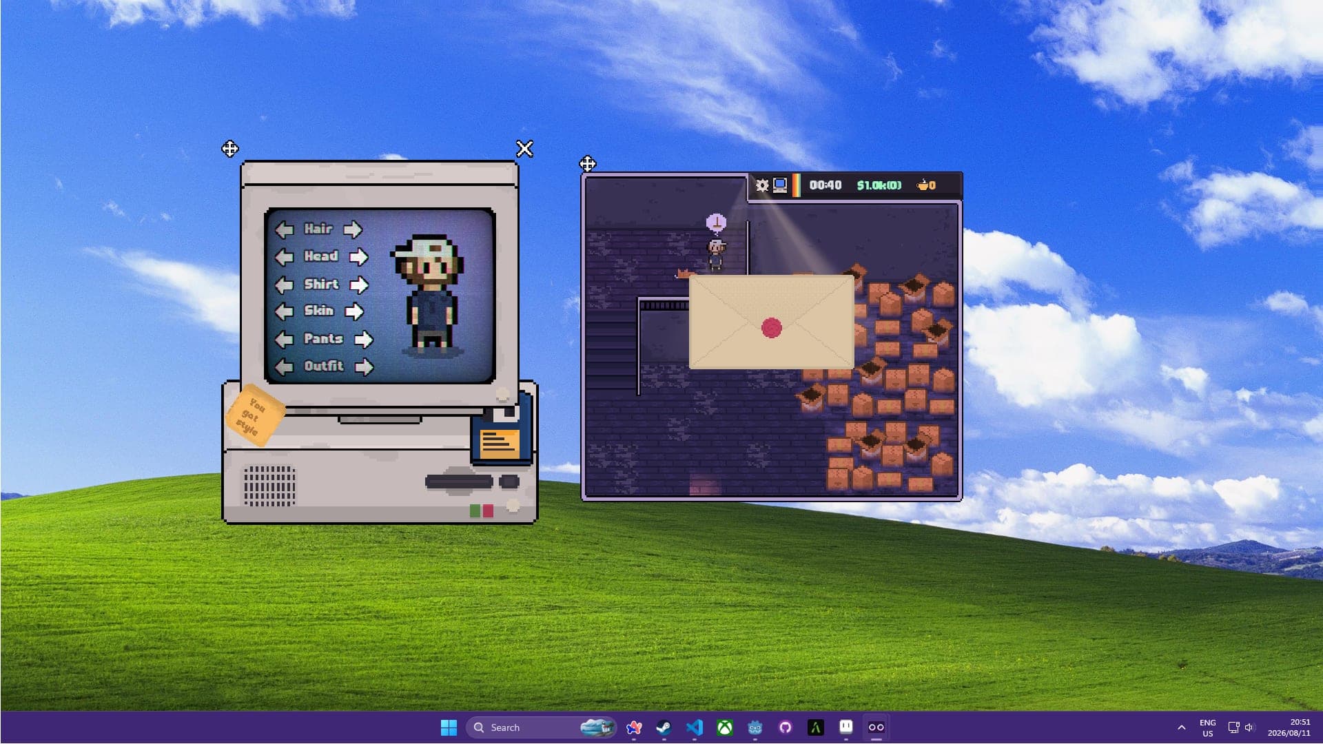 The tape rewind minigame, a VHS tape and a progress bar in front of the shop.
